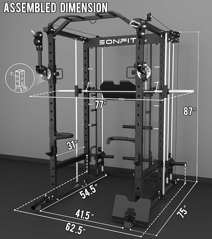Eonfit E5 Smith Machine with Vertical Leg Press, Power Cage Squat Rack with LAT-Pull Down Cable Crossover Rotating Arms System Home Gym Equipment All in One (E5 RED)