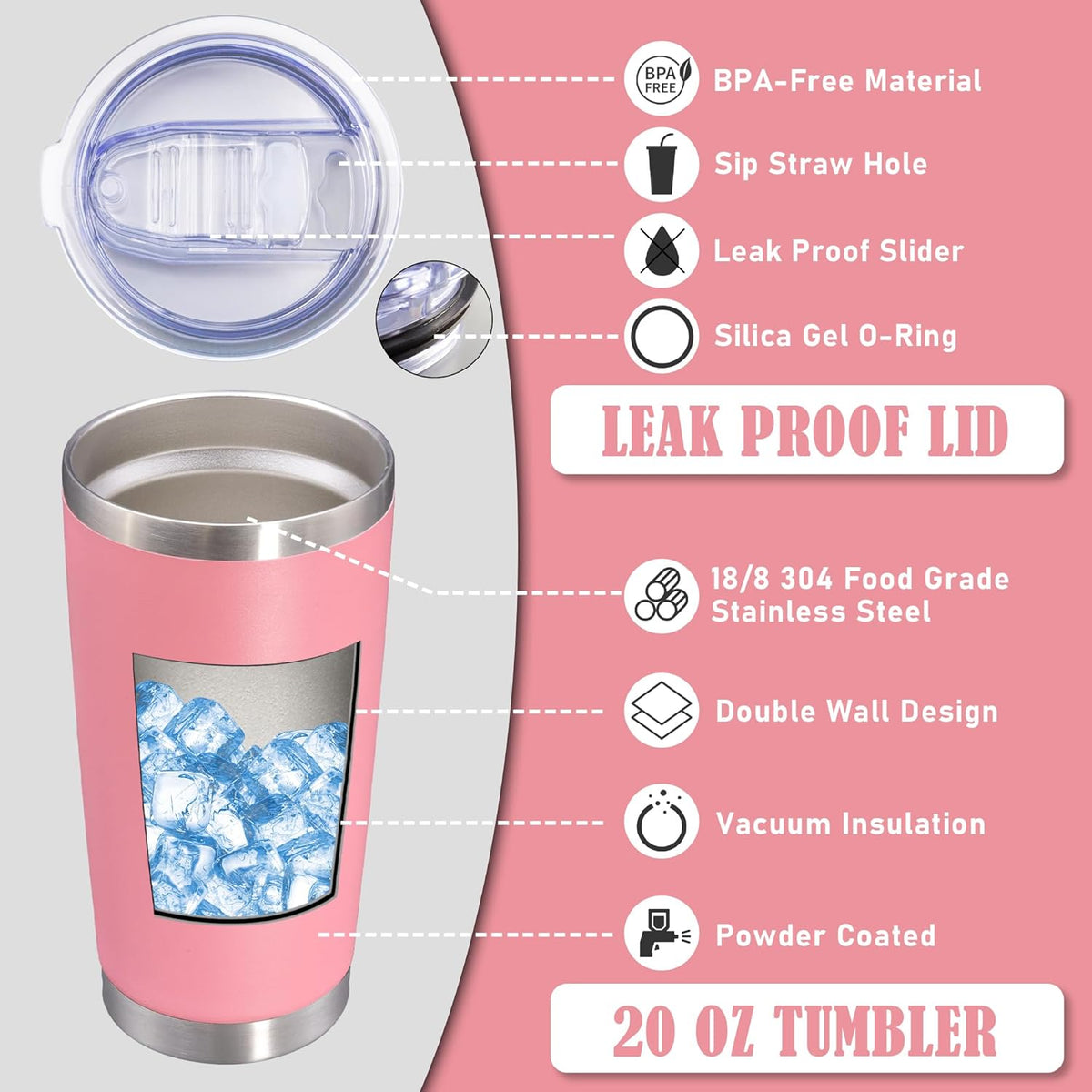 20 oz Tumbler Coffee Tavel Tumblers Bulk with Lid Stainless Steel Double Wall Vacuum Insulated Mug Powder Coated Cups fit Car Cupholder for Hot and Cold - Pink, 8Pack