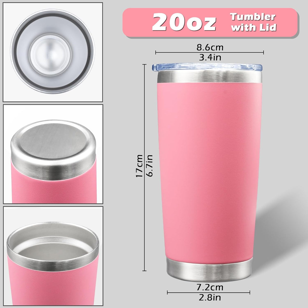 20oz Tumbler Bulk Stainless Steel Tumblers with Lid Vacuum Insulated Double Wall Travel Coffee Mug Powder Coated Tumbler Cup for Hot and Cold Drinks(Pink, 6 pack)
