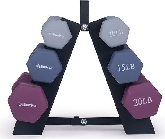 Dumbbell Set with Rack - Neoprene Coated Weights with Stand - Hex Color Coded Dumbell Pairs 1-20 LBs