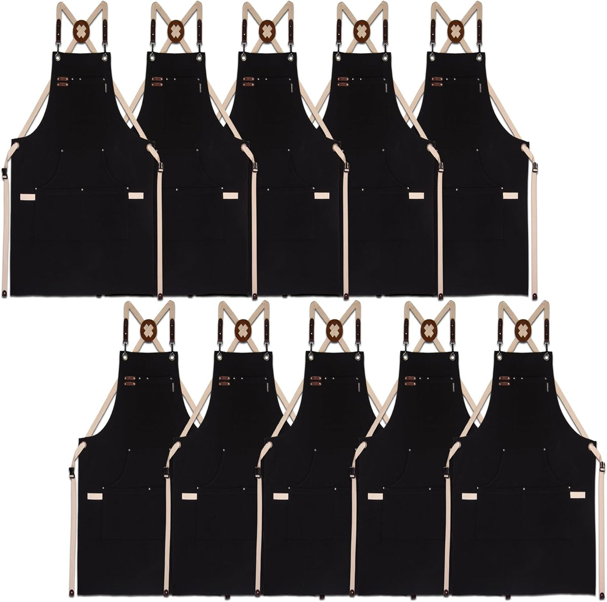 10 Pack Kitchen Aprons, Work Apron, Canvas, Multiple Pockets, Gardening, Painting, BBQ, Artist, Carpenter, Sizes M to XXL, Black