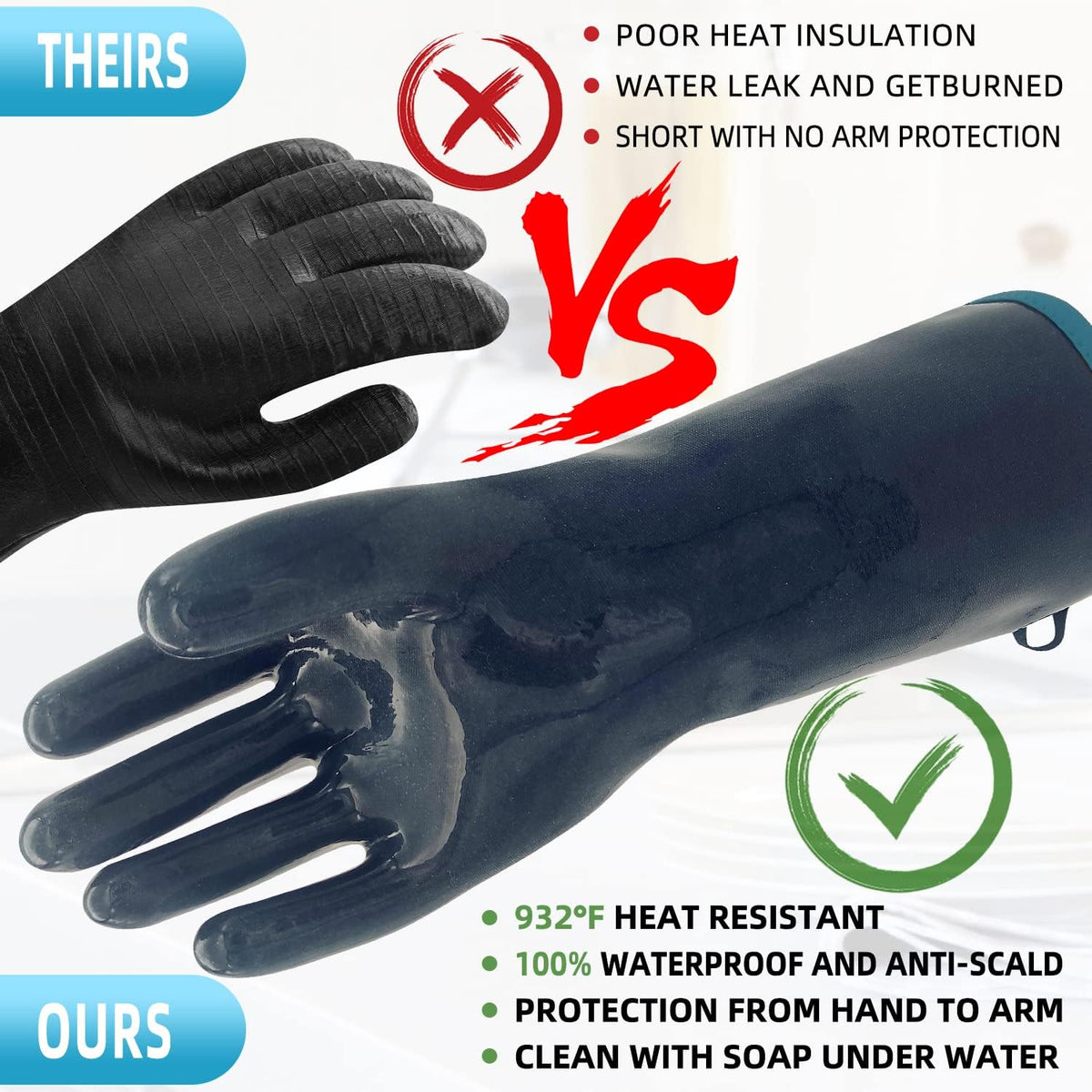 DEYAN Silicone BBQ Gloves, 932°F Heat Resistant Oven Gloves with Fingers, Kitchen Waterproof Hot Proof Glove for Fryer, Smoker, Baking, Cooking, Cutting(8/M)