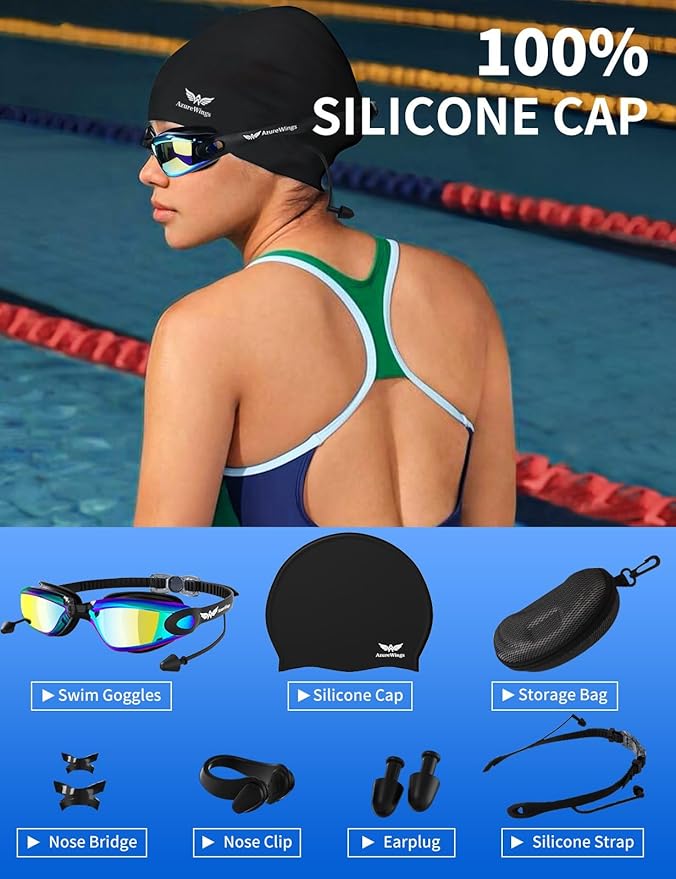 7 in 1 Swim Goggles + Swim Cap for Men Women,No Leak Anti-Fog & UV, Wide Visio HD Mirror PC Lens