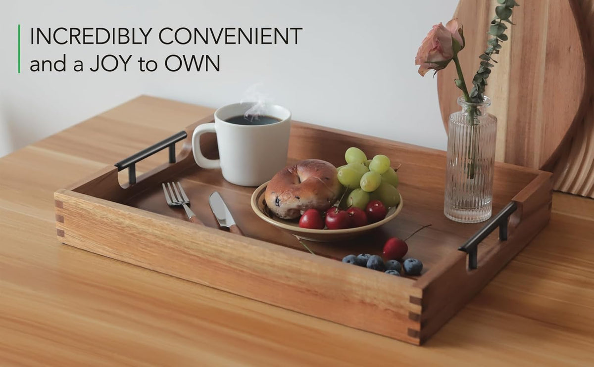 Joy&Grace Ottoman Tray for Living Room 16.7 x 12.8 inch Large Acacia Wooden Serving Tray with Handles for Coffee Table, Breakfast in Bed, Food Dinner, Decorative Rectangular Tray (Color Natural)