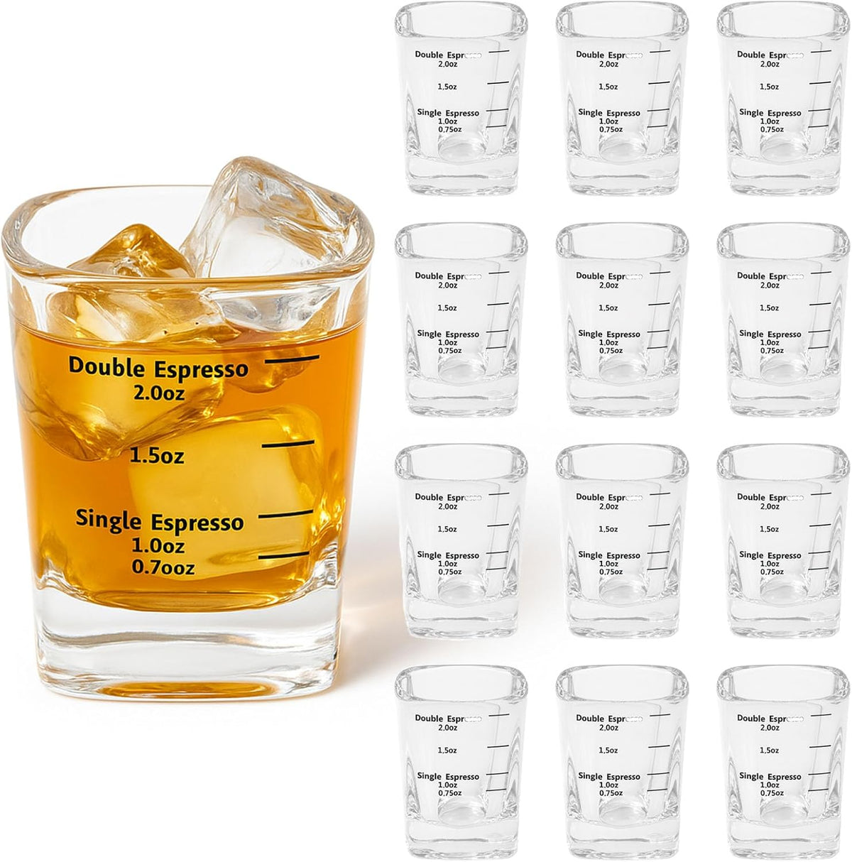 Ruckae 12 Pack 2oz Square Glass Shot Glass Set - Precision Marked for Accurate Alcohol Pouring - Ideal for Whiskey, Vodka,Rum,and Cocktails - Perfect for Bars,Restaurants,and Home Use