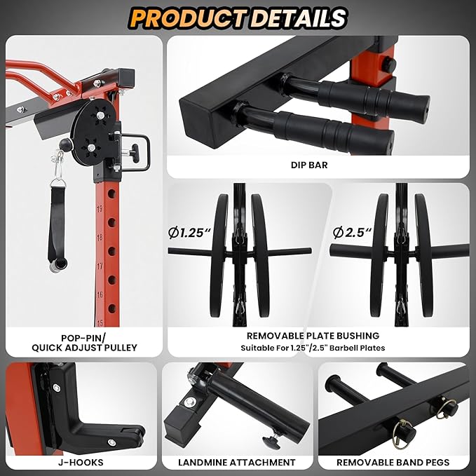 GaveeLife Power Cage, 2000 LBS Power Rack with Cable Cross-Over System, Multi-Functional Strength Training Squat Rack with LAT Pull Down System, Home Gym Equipment with Training Attachment, Red