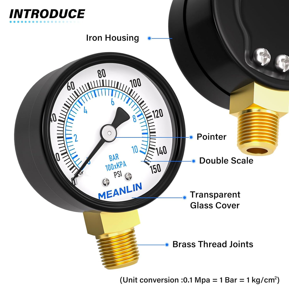 MEANLIN MEASURE 0-150Psi 2" DIAL FACE 1/4" NPT Well Pump Pressure Gauge, with 1/2" NPT and 3/8" NPT Hex Bushing, 3-2-3% Accuracy, Lower Mount
