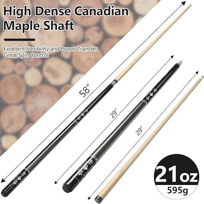 Billiard Cues Stick, 58" Pool Cues Canadian Maple Wood Leather Pattern Grip 18 19 20 21 oz Pool Cue Stick for Bar House Pool Table Sports
