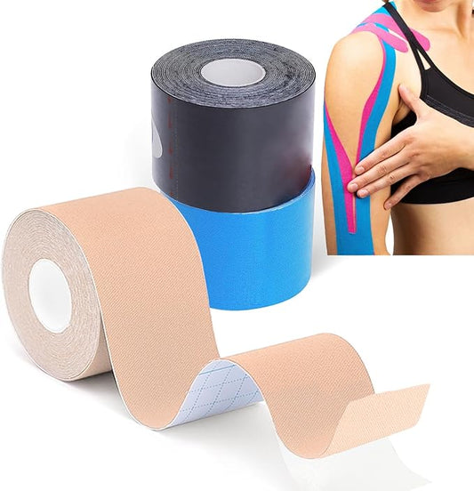 (3 Pack) Kinesiology Tape for Physical Therapy Sports Athletes–Latex Free Elastic Kinetic Tape 16ft Water Resistant Kinetic Uncut Sport Tape for Knee Pain, Shoulder Muscle & Elbow(Black+Blue+Beige)