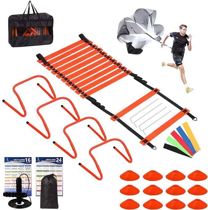 Agility Ladder, Agility Speed Training Set, 20ft 12 Rung Agility Ladder, 4 Agility Hurdles, 5 Resistance Bands, 12 Resistance Cones, Running Parachute, Jump Rope for Athletes, Adults