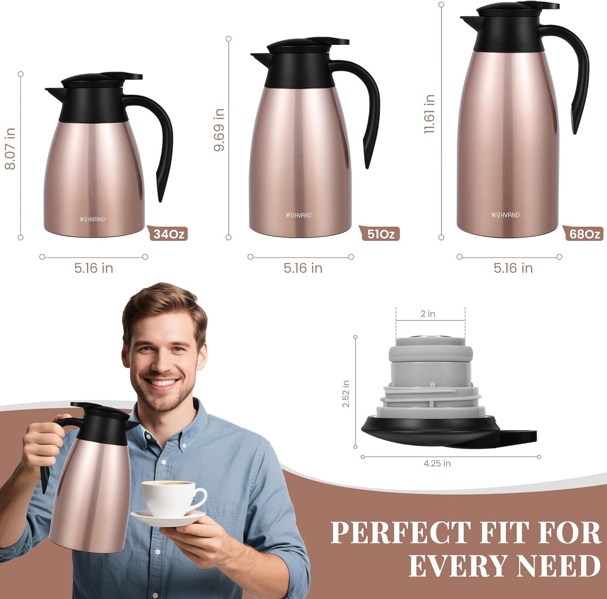 51 Oz Thermal Coffee Carafe, Stainless Steel Insulated Vacuum coffee crafts to keep coffee hot, 1.5 Liter Tea Water Coffee and Beverage Dispenser (Copper)