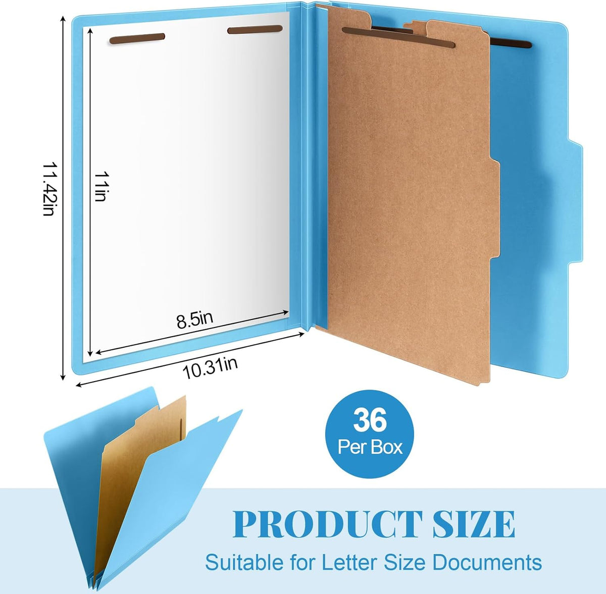 36 Pcs Classification Folders Letter Size, Back to School Supply for Teacher, Student, 1 Divider Pressboard File Folder Bulk with 2 Fasteners, 3.5 Inch Expanding File Organizer (Blue)