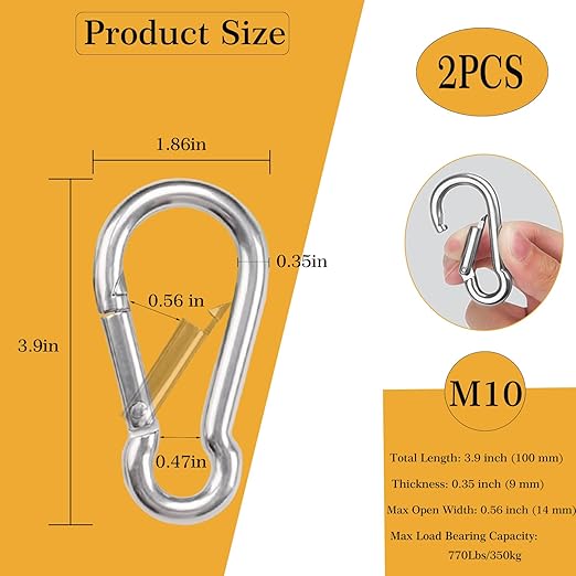 4 Inch Carabiner Clip Spring Snap Hook, 2 Pack M10 Heavy Duty Galvanized Steel Spring Snap Carabiner, Quick Link Keychain Clip for Keys Swing Set Camping Hiking Traveling (770 lbs Capacity)