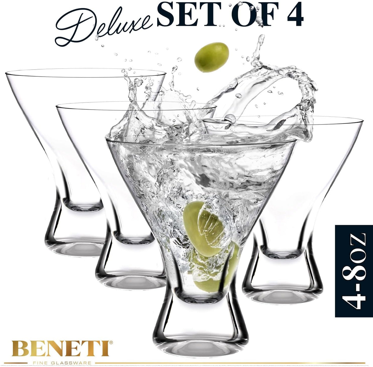 BENETI Martini Glasses Set of 4 | Made in Europe | 8oz Clear Stemless Cocktail Bar Drinking Glassware Set for Parties (4 Pack)