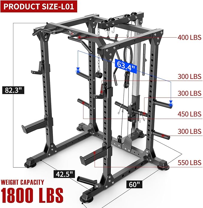 Power Cage,1600lbs Multi-Function Power Rack with Adjustable Cable Crossover System and More Training Attachment, Weight Cage for Home Gym