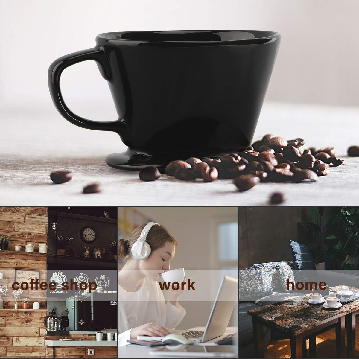 Yeeco Black Ceramic Coffee Dripper, Size 02 Filter With 3 Drip Holes, Manual Pour Over Brewing for Home, Office and Cafe