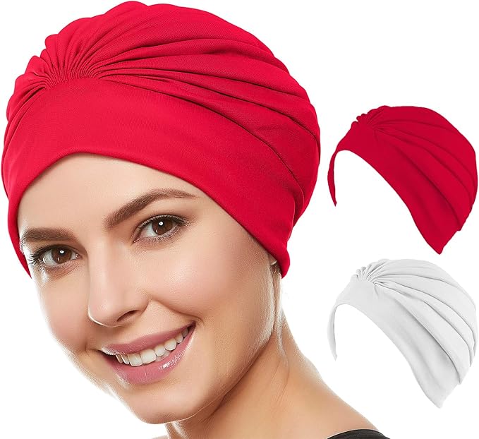 BEEMO Swim Caps for Women Swimming Turban Polyester Latex Lined Pleated for Ladies
