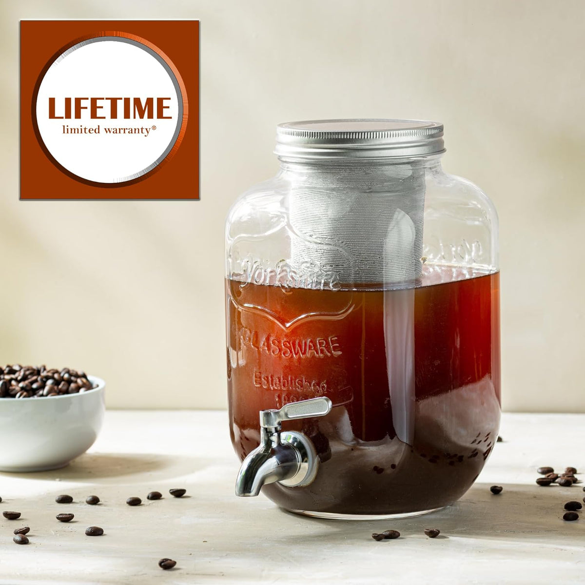 1 Gallon Cold Brew Coffee Maker - 3rd Generation Fine Mesh Filter - Stainless Steel Spigot - Extra Thick Large Glass Mason Jar Drink Dispenser Carafe, Iced Coffee Maker & Sun Tea Pitcher with Infuser.