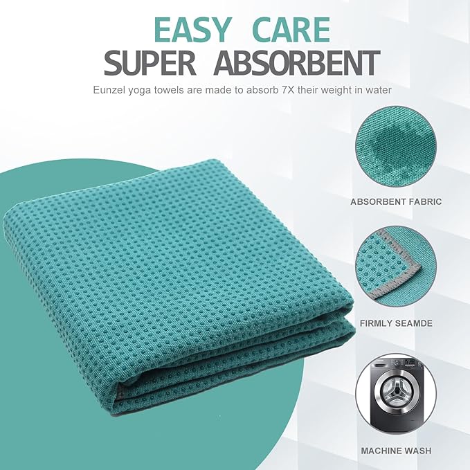 Eunzel Yoga Towel,Hot Yoga Mat Towel with Grip Dots Sweat Absorbent Non-Slip for Hot Yoga, Pilates and Workout 24" x72", Dark Cyan