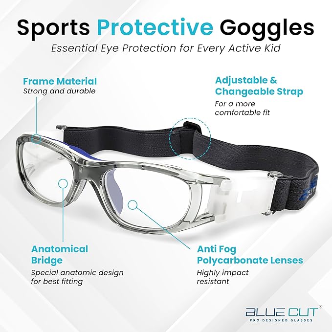 BLUE CUT Safety Basketball Goggles For Kids for Outdoor Sports Activities Anti Fog Replaceable to Prescription Lenses