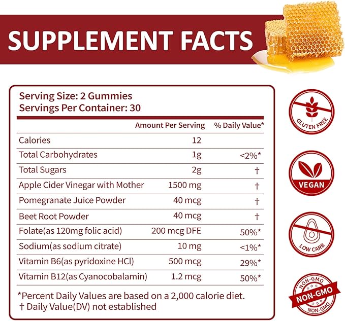 Brilhante Keto ACV Gummies - 1500mg Apple Cider Vinegar Gummies with Pomegranate Beetroot & Vitamin B12 B6 - for Men & Woman - GMO Free & Vegan - 60 Count