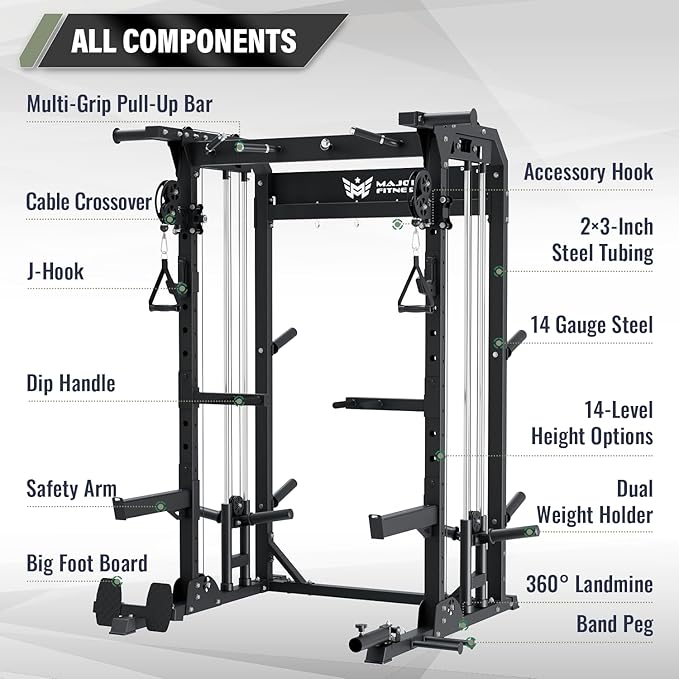 MAJOR FITNESS F22 Power Rack, 1600lbs All-in-One Squat Rack with Cable Crossover, Dual Pulley System, Heavy-Duty Steel Frame, Attachments & Storage for Home Gym Strength Training