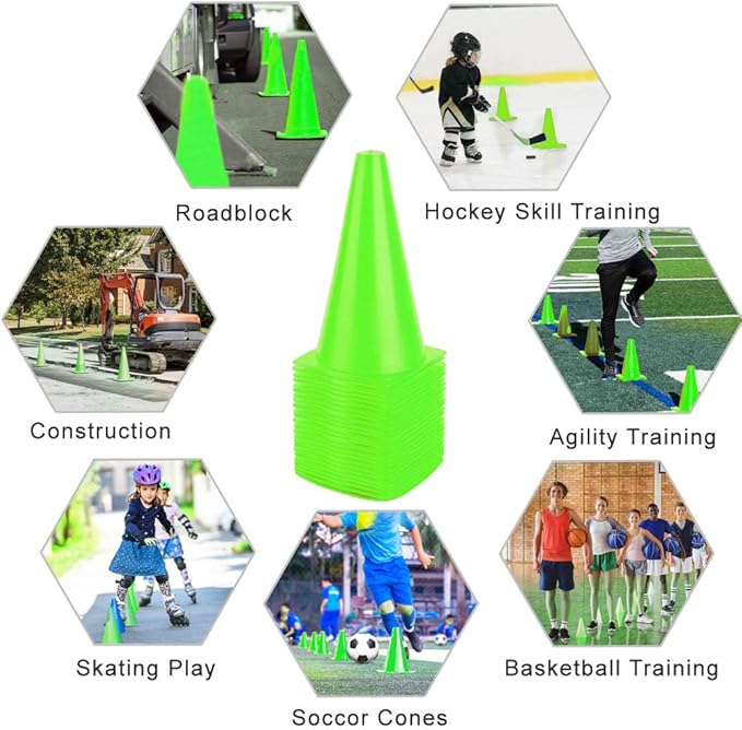 9 Inch Plastic Training Traffic Cones, Sport Cones, Agility Field Marker Cones for Soccer Basketball Football Drills Training, Outdoor Activity or Events - (Set of 10, 12, 15 or 24, 4 Colors)