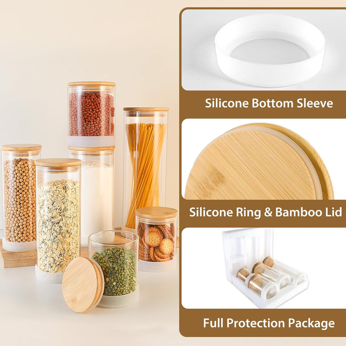 Glass Storage Containers with Bamboo Lids – 7 Pack Airtight Clear Glass Jars in Mixed Sizes (17oz/25oz/34oz/53oz/73oz) for Pantry Organization, Kitchen Dry Food, Coffee, Flour, Pasta & Snacks