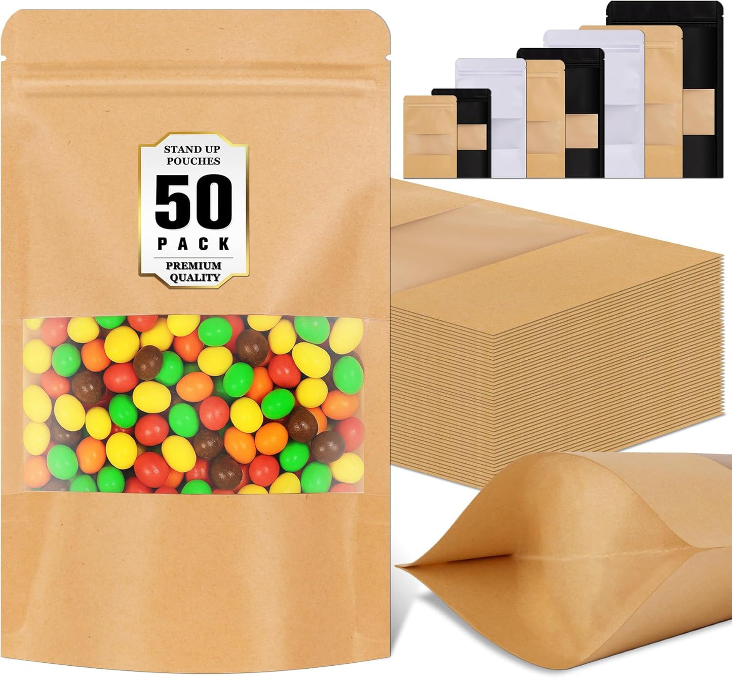 Resealable Smell Proof Bag, 50 Pcs Zip Lock Bags with Window, Reusable Snack Bags, Stand Up Pouches Heat Sealable, Food Storage Baggies for Cookies, Herbs, Tea, Coffee, Spice, Jerky