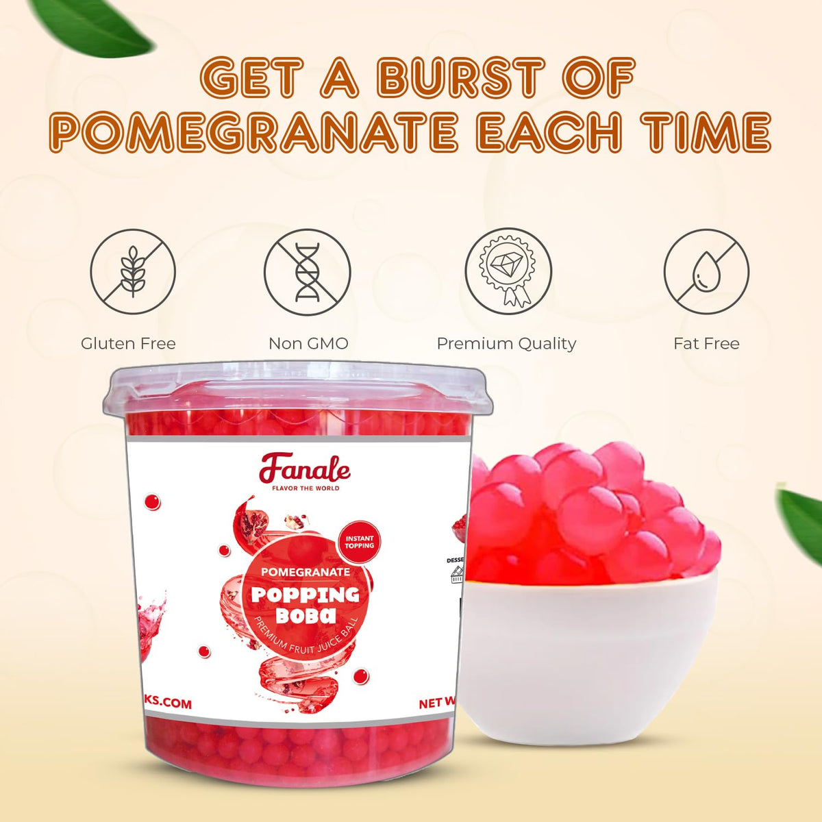 Fanale Pomegranate Popping Boba Pearls, Vegan, Non GMO, Gluten Free, Fat Free, Perfect for Bubble Tea, Smoothies, Ice Cream, Desserts, and Beverages.