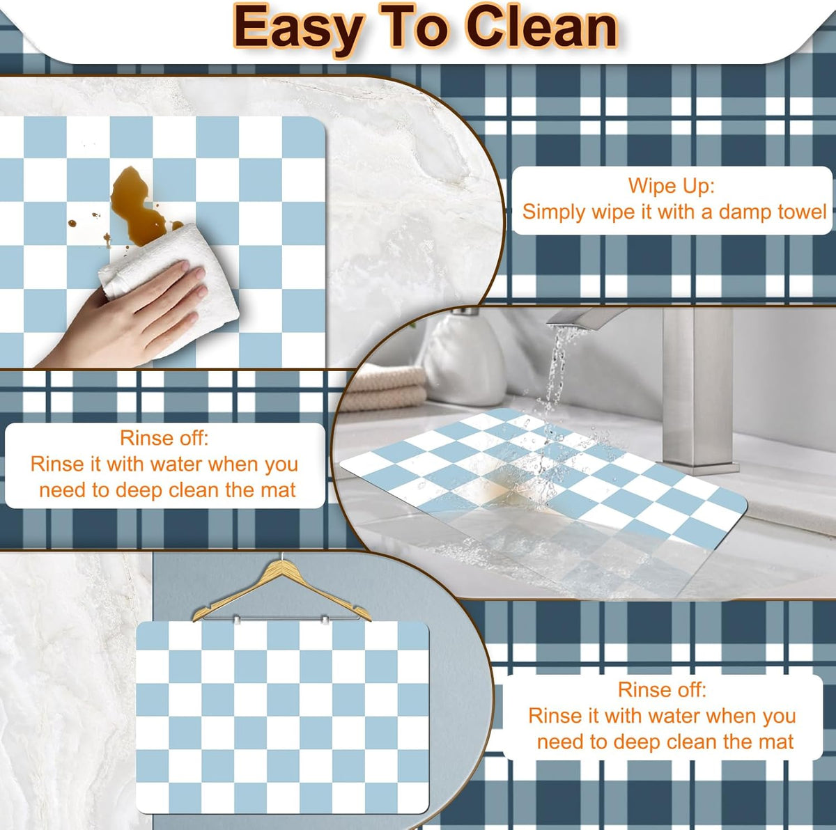 Dish Drying Mat for Kitchen, 15.7'' x 23.6'' Checkered Coffee Bar Mat for Countertops, Coffee Station Mat with Non-slip Rubber Backed, Absorbent Dish Dying Pat for Kitchen Counter, Blue & White