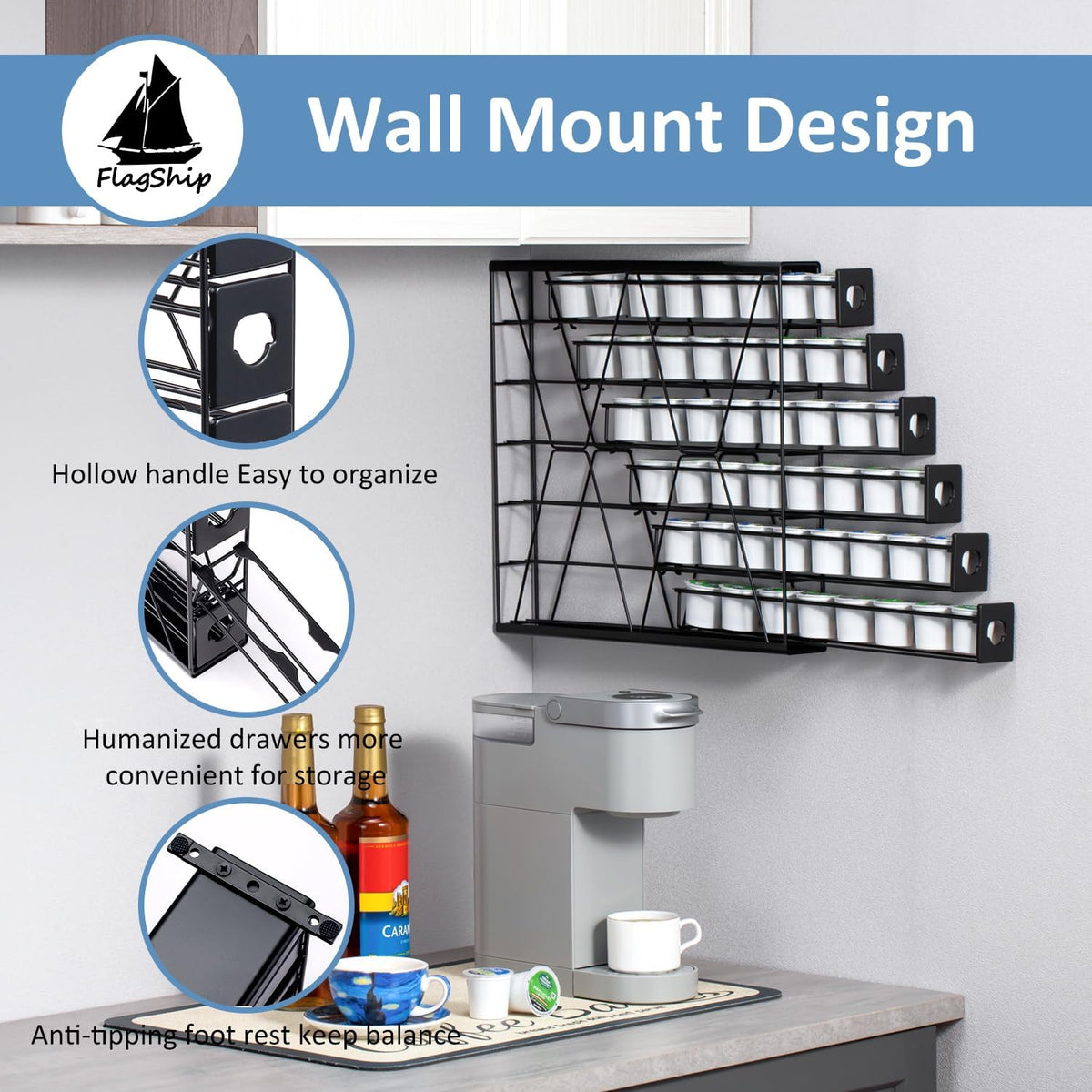 FlagShip 6-Tier Coffee Pod Holder for K Cup - 48 Capsule Max Capacity Metal Rack, Ultra-Efficient Corner Storage Space Saving Design