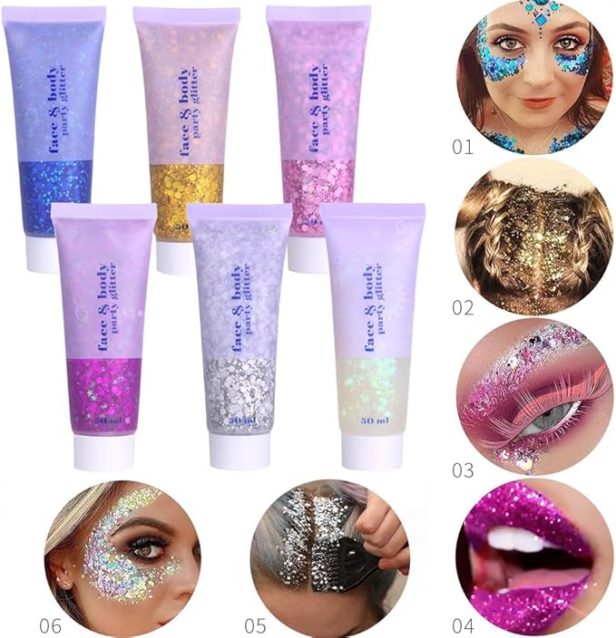 3 Color Face and Body Glitter Gel, Neon Outfit Glow Party for Body Hair Face Nail Glitter Stick Makeup. (01-Blue&02-Gold &06-White Moonbeam)
