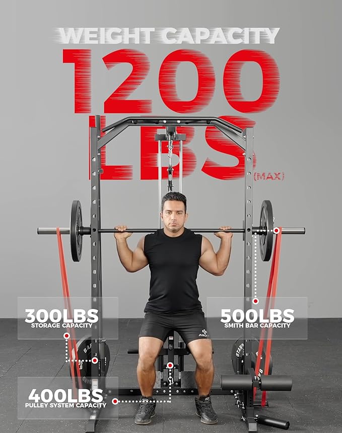 Mikolo Smith Machine Home Gym Power Cage (1:1 Ratio Strength Trainer) (Space Saving Design) (with 8 Free Attachments) Squat Rack for Full Body Training