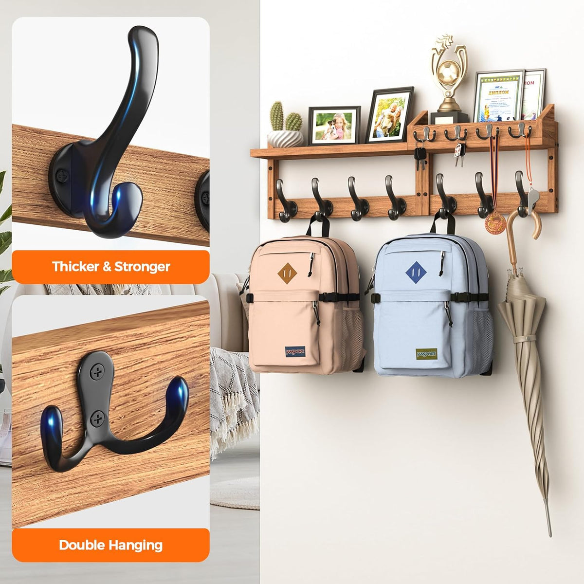 Evermagin 29" Coat Rack Wall Mount with Shelf, 4 in 1 Wall Mounted Coat and Key Hanger with 11 Hooks, Entryway Key Holder with Mail Holder for Living Room, Bedroom