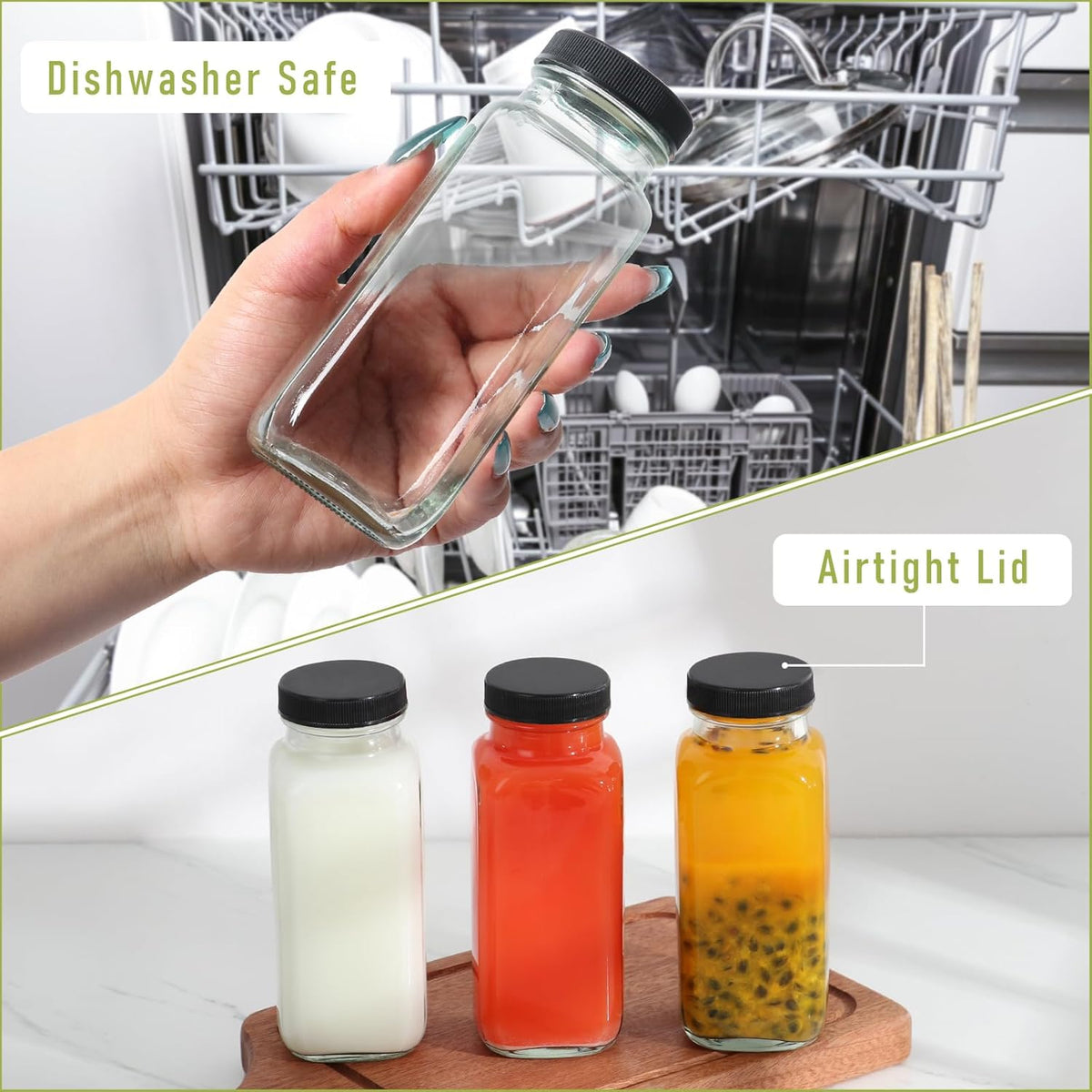 8 oz Glass Juice Bottles with Lids 3 Pack,Reusable Water Bottle,Juicing Bottles for Smoothies, Milk, Storage, Small and portable