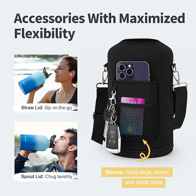 64 oz Insulated Water Bottle with Straw (Cold for 48 Hrs), Half Gallon Stainless Steel Triple Wall Vacuum Sports Water Jug, Leakproof Hydro Cup Flask with Straw Spout Lids & DIY Stickers