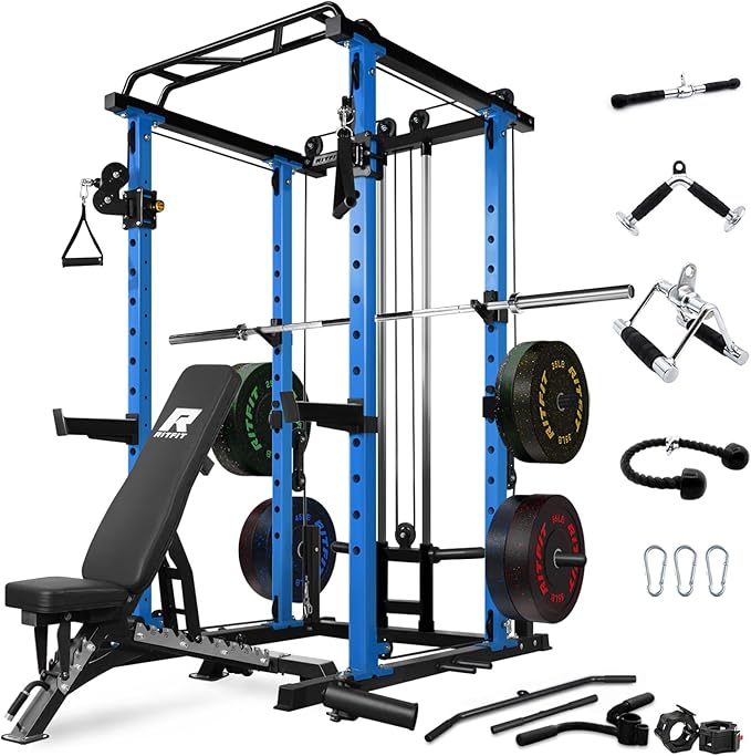 RitFit Power Cage with Optional LAT PullDown/Cable Crossover, 1000LB Squat Rack for Home & Garage Gym, with Weight Storage Rack and More Training Attachments, ASTM-Certified