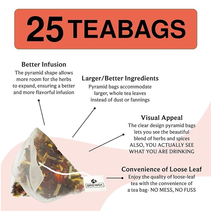 BREWIX, Mango Passion Fruit Herbal Tea Bags – 25 Plant-Based Pyramid Bags | Iced or Hot | Hibiscus, Citrus Peel, Lemongrass | Caffeine-Free & Naturally Uplifting Wellness Brew