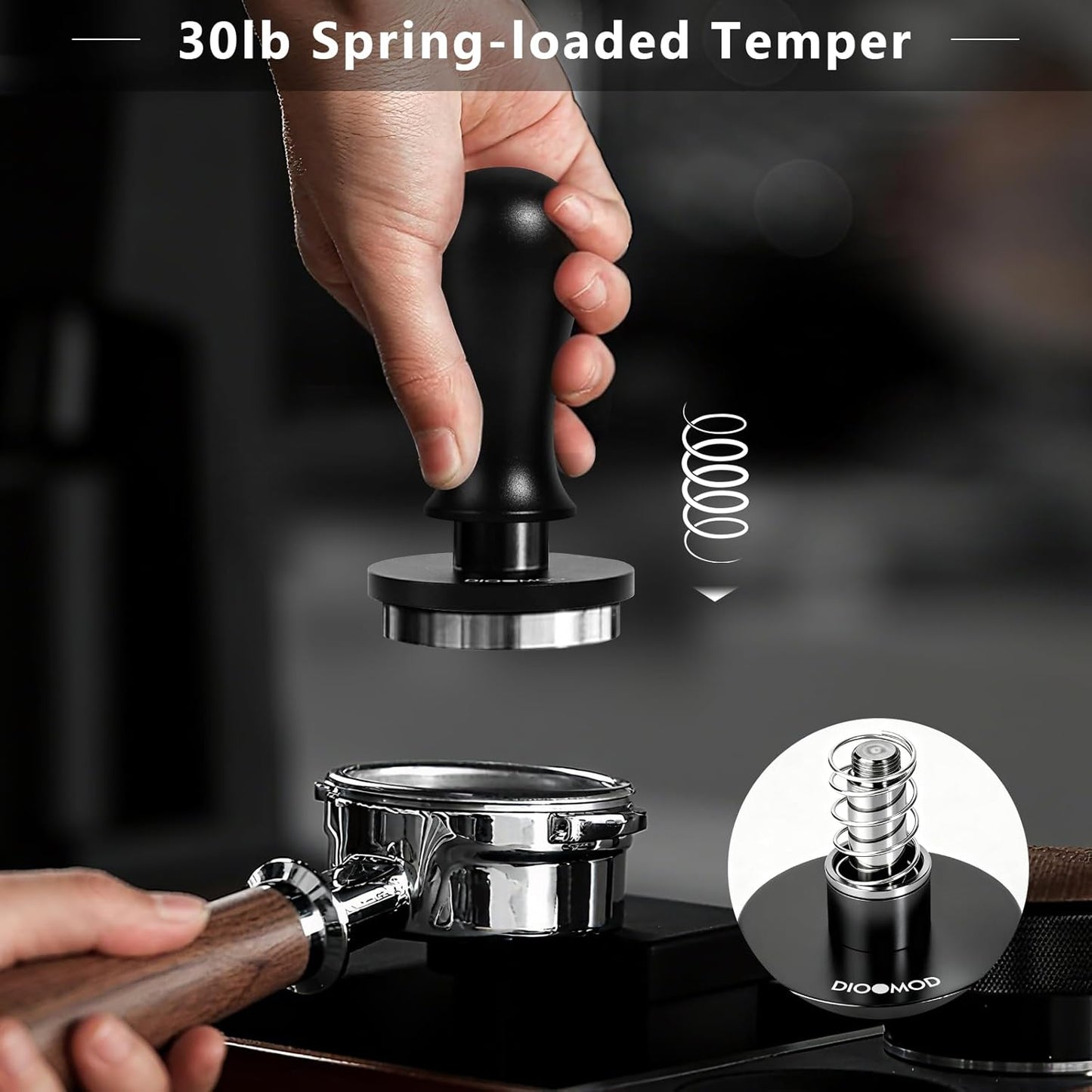 Espresso Tamper, Stainless Steel Coffee Tamper Hammer, Spring Loaded Pounder with Comfort Grip, Manual Espresso Press Fits Breville/Sage Handle, Textured Stainless Steel Base, Black 58mm
