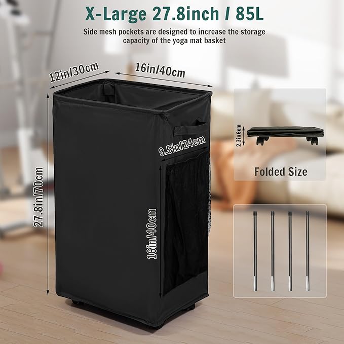 Yoga Mat Storage Racks, Home Gym Storage Rack with Wheels, Yoga Mat Holder Side 2 Mesh Pockets, Yoga Storage Basket Holds 4 Yoga Mats, 2 Foam Rollers, 6 Resistance Bands