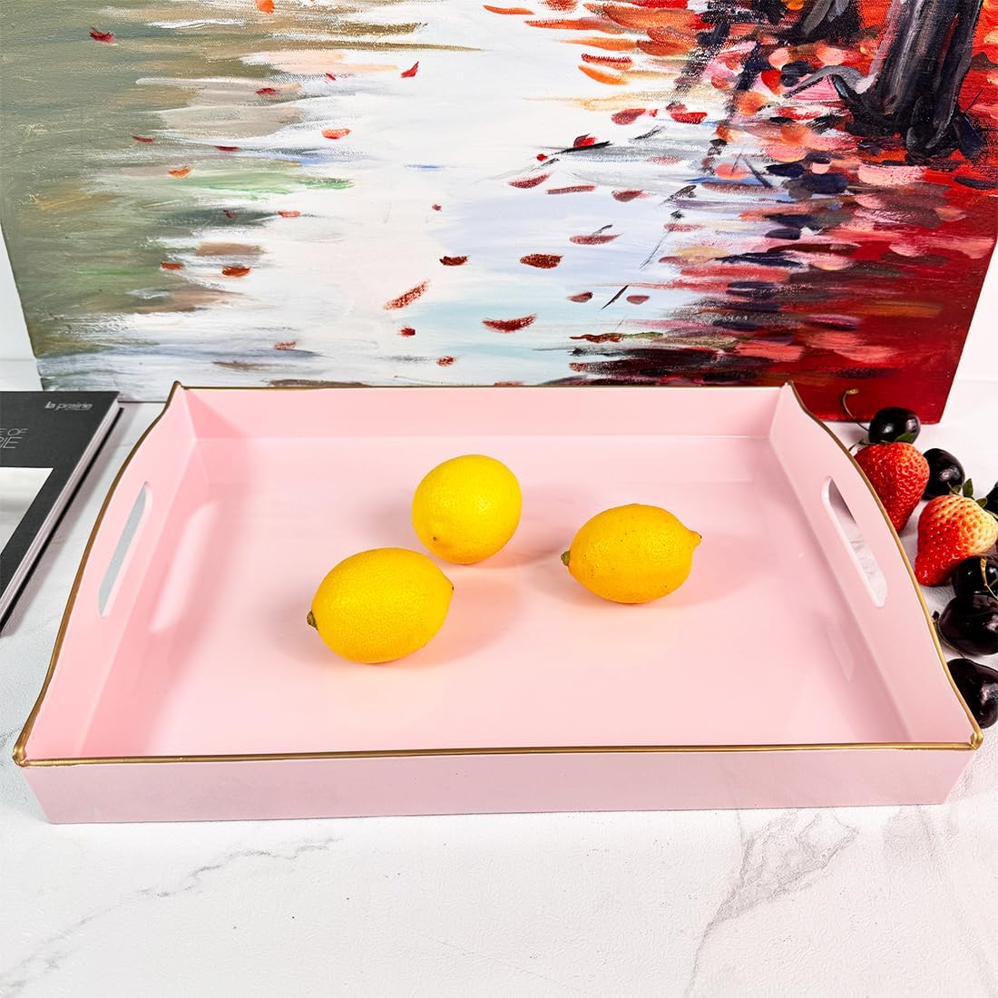 Pink Serving Tray with Handles, Plastic Decorative Tray for Coffee Table, Ottoman - Ideal for Living Room & Bathroom. 15” x 11” x 2.5”