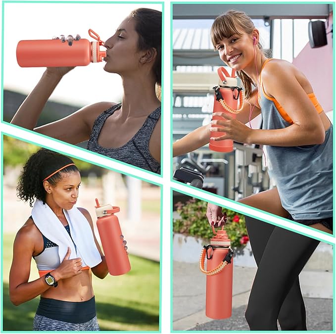 40 oz Stainless Steel Water Bottles with Straw and Auto Spout Lids, Wide Mouth Metal Thermo Bottles for Gym, Leak Proof & BPA-Free Water Flask Jug with Paracord Handle & Carrier Bag with Strap