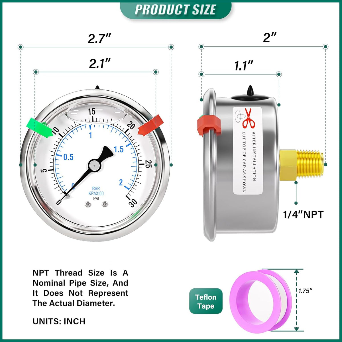 0-30psi Stainless Steel Glycerin Liquid Filled Pressure Gauge 1/4" NPT 2.5" Face Dial Center Back Mount, for Water, Oil and Air Pressure Testing (with Range Mark Pointer)