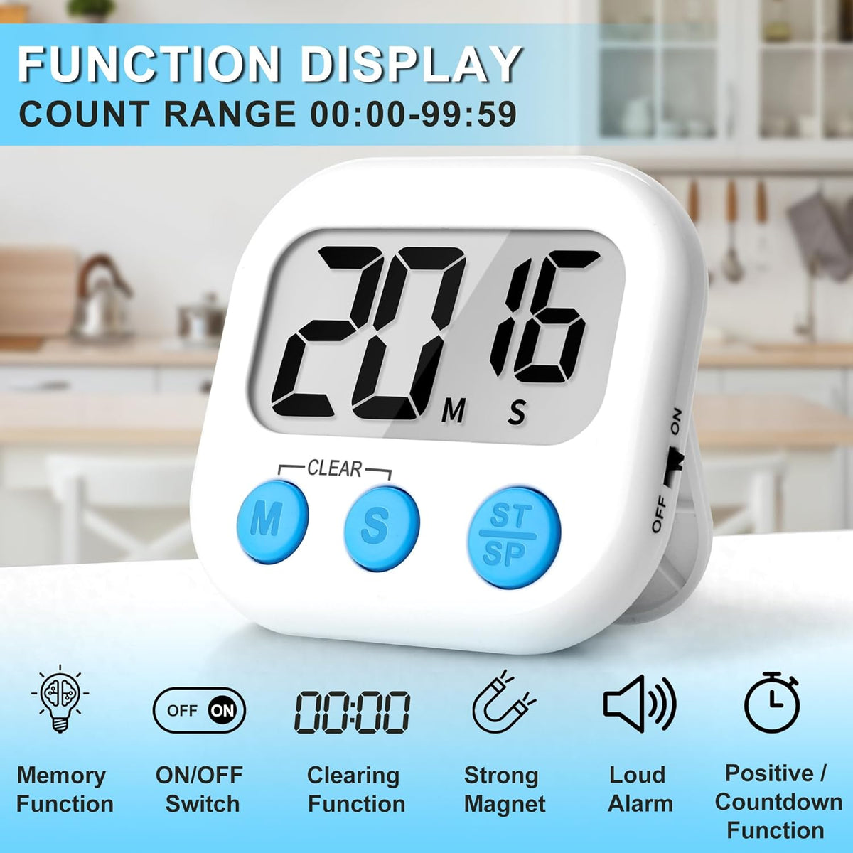 ZILLEEN Kitchen Timer Digital with Magnetic Back for Kids Classroom, White 12 Pack