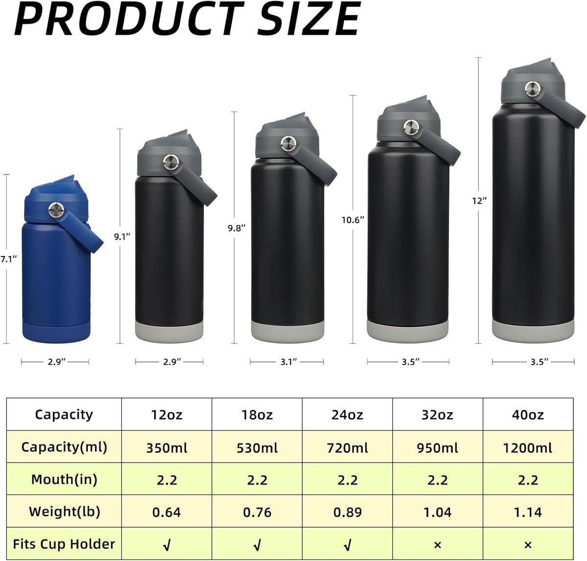 BJPKPK Insulated Water Bottle with Straw Lid, 18oz Thermos Water Bottles with Soft Nozzle, Flex Handle & Non-slip Boot, BPA Free Leak Proof Stainless Steel Metal Thermos, Tumblers, Cups,Black