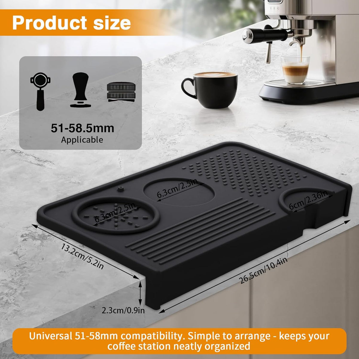 Espresso Tamping Mat, Coffee Tamper Mat, 10.4×5.6 In Silicone Coffee Matt for Counter, Espresso Machine Accessories, Waterproof and Heat Resistant Tamp Mats for Espresso Coffee Station(Black)