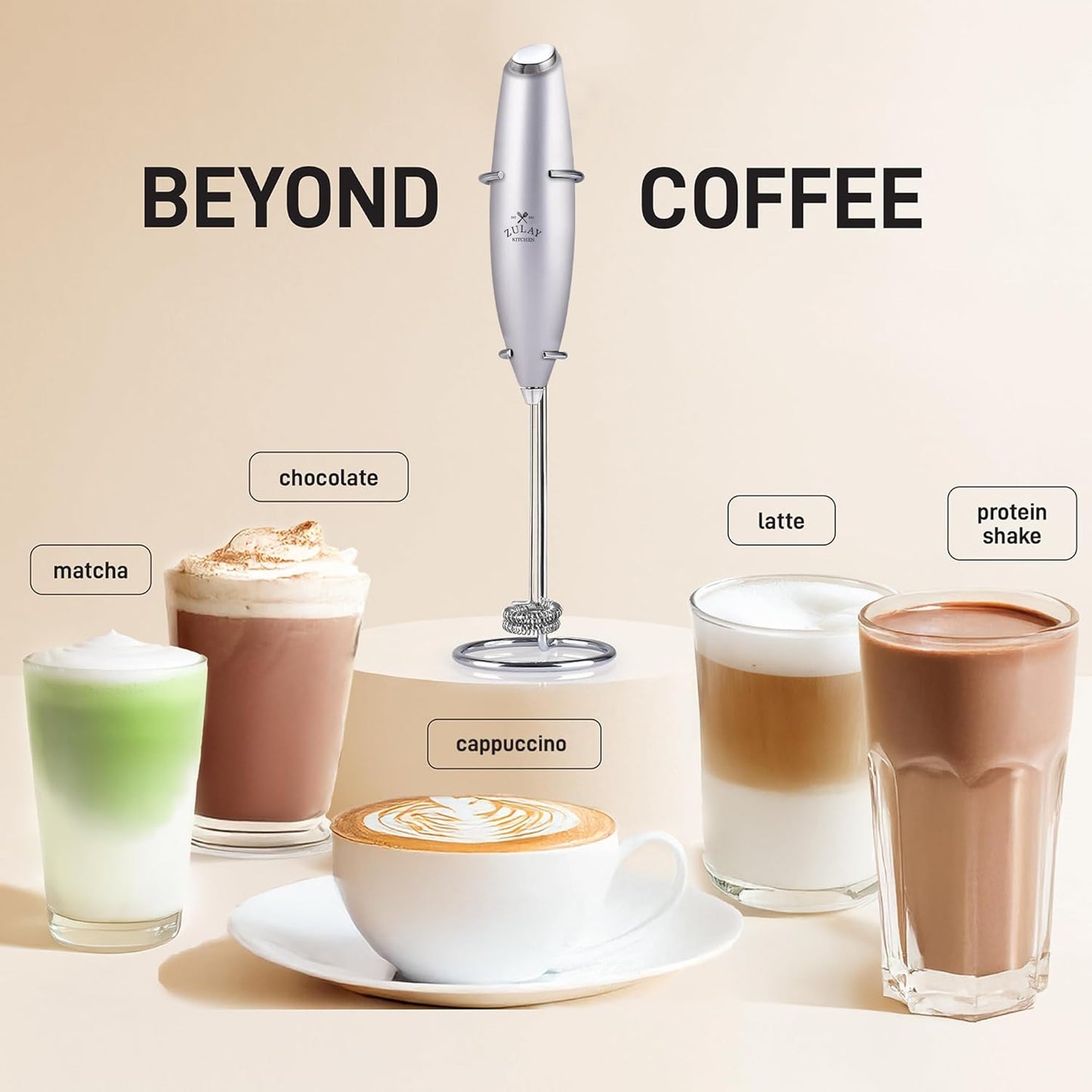 Zulay Kitchen Powerful Double Whisk Milk Frother Handheld - Foam Maker With Stand - Whisk Drink Mixer for Coffee, Mini Foamer for Latte, Matcha, Frappe, Hot Chocolate & Cappuccino (Silver)