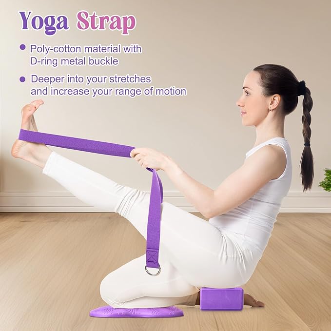 5 Pcs Yoga Blocks Knee Pads Yoga Strap Set Soft Premium Foam Blocks Accessories for Pilates Meditation General Fitness Stability, Kneeling, Balance, Deepen Stretches and Toning