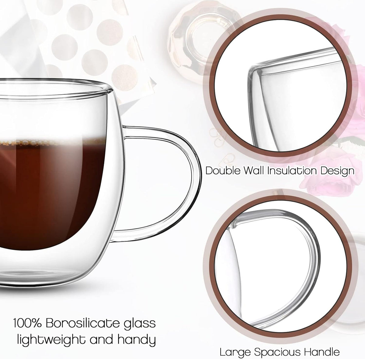 Gerrii Espresso Cups Double Walled Espresso Shot Glass with Handle Cups Insulated Clear Small Shot Glasses for Cappuccino Latte Hot Beverage(15 Pcs,2.5 oz)